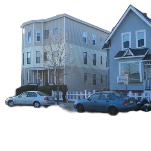building, car, 3d render, photorealistic, city street, row, houses, parked transparent PNG cut-out