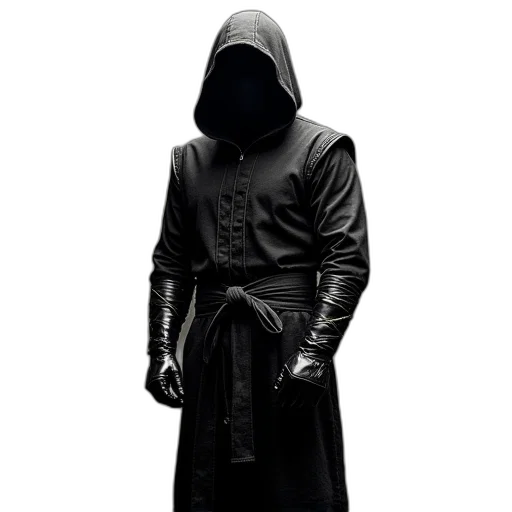 jacket, staff, mask, sword, cyberpunk, concept art, 3d render, dark transparent PNG cut-out