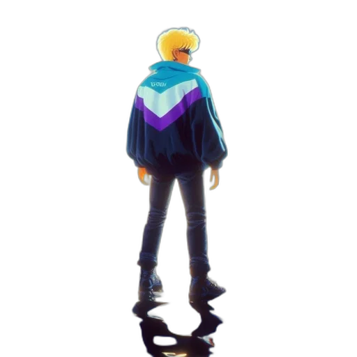 jacket, hat, robot, staff, concept art, pixel art, vaporwave, 3d render transparent PNG cut-out