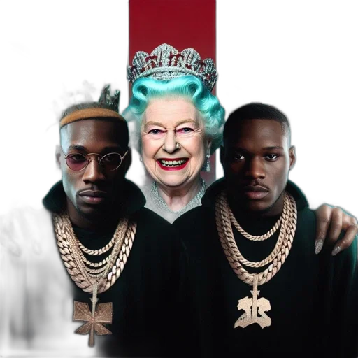 crown, concept art, elderly, woman, wears, flanked, two, youths transparent PNG cut-out