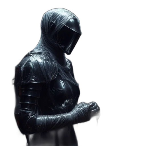 jacket, robot, mask, sword, 3d render, concept art, cyberpunk, photorealistic transparent PNG cut-out
