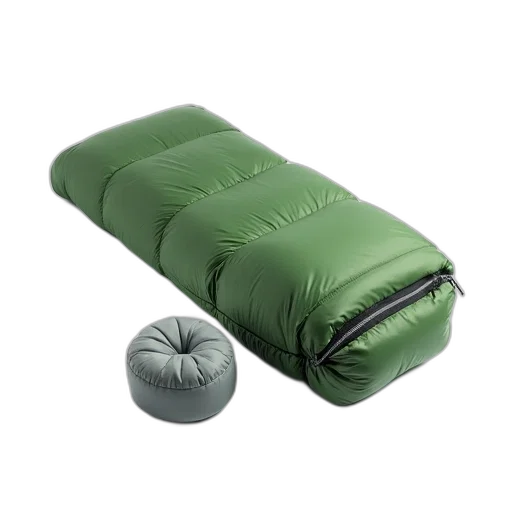 umbrella, jacket, green, sleeping, bag, displayed, white, background transparent PNG cut-out