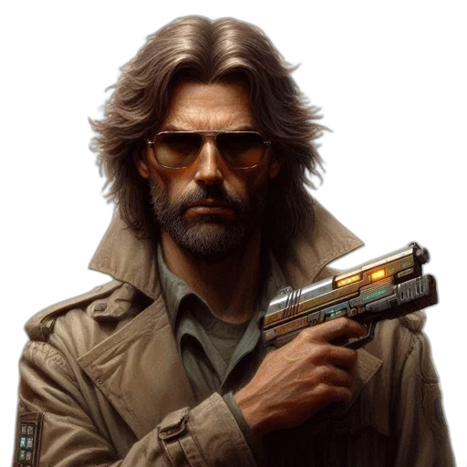 jacket, weapon, cyberpunk, concept art, comic book art, pixel art, rugged, man transparent PNG cut-out