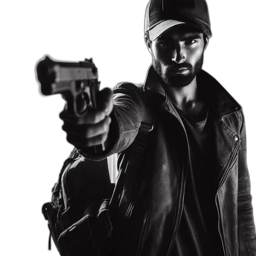 jacket, weapon, concept art, photorealistic, comic book art, dimly, lit, space transparent PNG cut-out