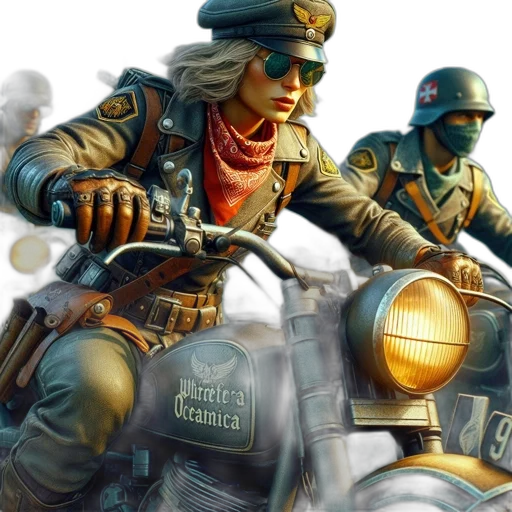 concept art, comic book art, photorealistic, fantasy art, woman, military, uniform, rides transparent PNG cut-out