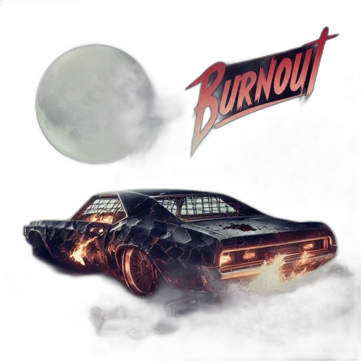 concept art, desolate, misty, landscape, old, burning, damaged, car transparent PNG cut-out
