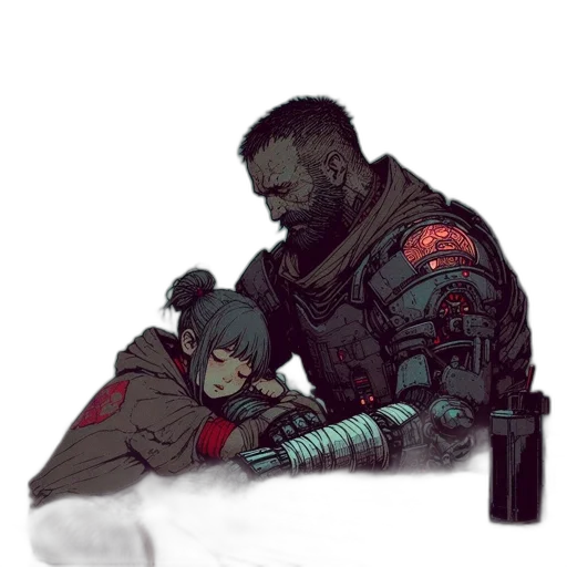 weapon, robot, jacket, cyberpunk, concept art, comic book art, pixel art, outer space transparent PNG cut-out