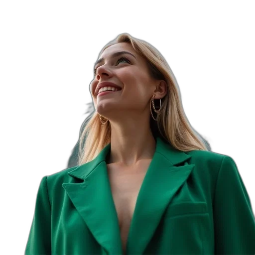 jacket, staff, face, dress, photorealistic, green, neon, woman transparent PNG cut-out