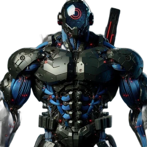 robot, concept art, 3d render, cyberpunk, comic book art, black, blue, humanoid transparent PNG cut-out