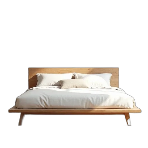 furniture, 3d render, earth tones, modern, bed, wooden, headboard, white transparent PNG cut-out