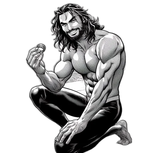 comic book art, cartoon, concept art, fantasy art, muscular, man, kneels, beach transparent PNG cut-out