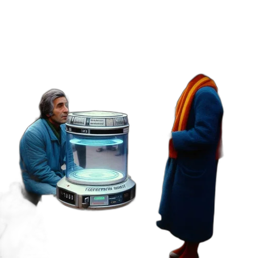 robot, furniture, jacket, hat, 3d render, concept art, vaporwave, outer space transparent PNG cut-out