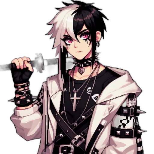 staff, weapon, sword, pixel art, concept art, anime, cartoon, monochrome transparent PNG cut-out