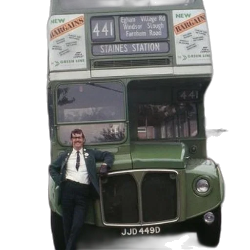 car, photorealistic, city street, man, stands, front, green, double-decker transparent PNG cut-out