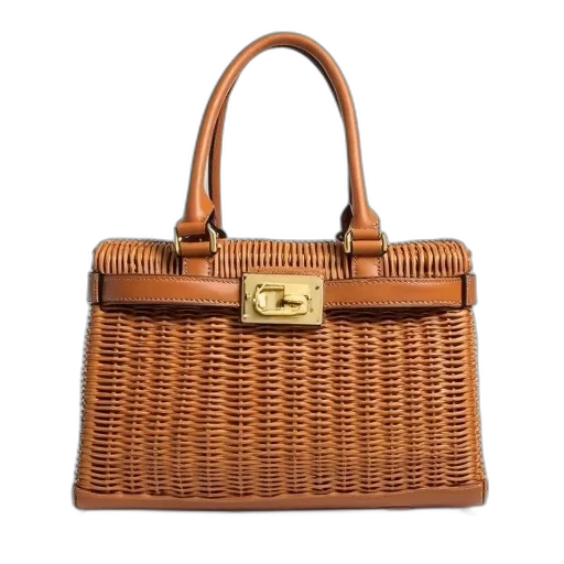 brown, wicker, handbag, simple, design, gold, clasp, displayed transparent PNG cut-out