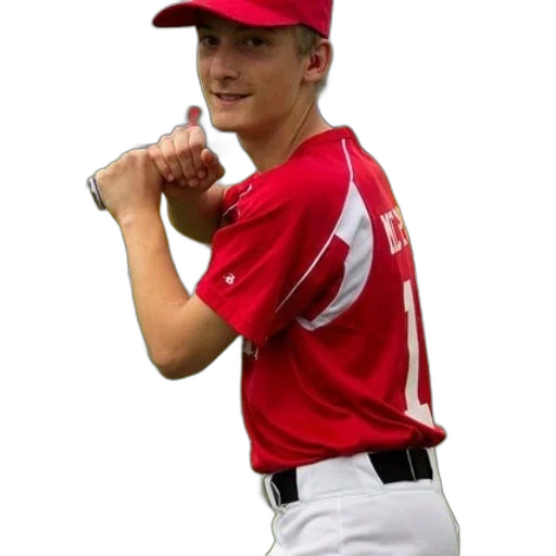 staff, young, baseball, player, red, uniform, holds, bat transparent PNG cut-out