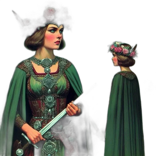 crown, sword, staff, dress, concept art, fantasy art, 3d render, comic book art transparent PNG cut-out