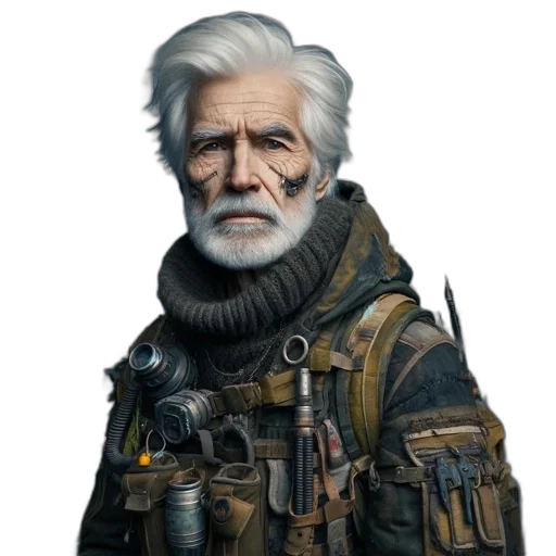 face, jacket, staff, animal, concept art, fantasy art, cyberpunk, pixel art transparent PNG cut-out