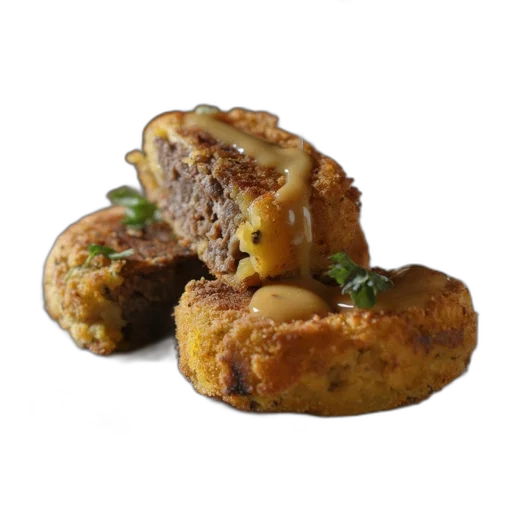 food, two, golden-brown, cakes, patties, dark, filling, served transparent PNG cut-out