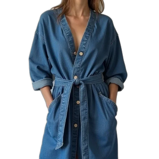 jacket, dress, blue, classic, denim, robe, has, belted transparent PNG cut-out