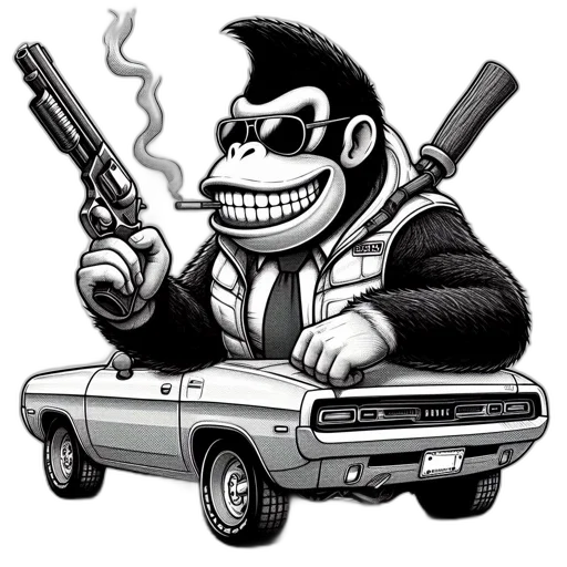 car, comic book art, concept art, cartoon, anthropomorphic, primate, suit, sunglasses transparent PNG cut-out