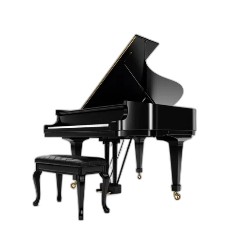 3d render, photorealistic, concept art, sleek, black, grand, piano, glossy transparent PNG cut-out