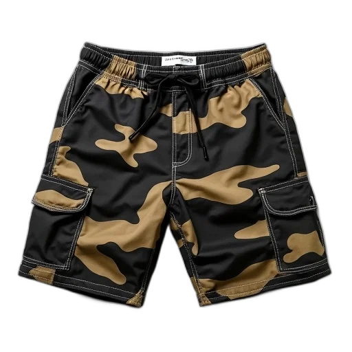 pair, black, tan, camouflage, shorts, drawstring, waistband, label transparent PNG cut-out