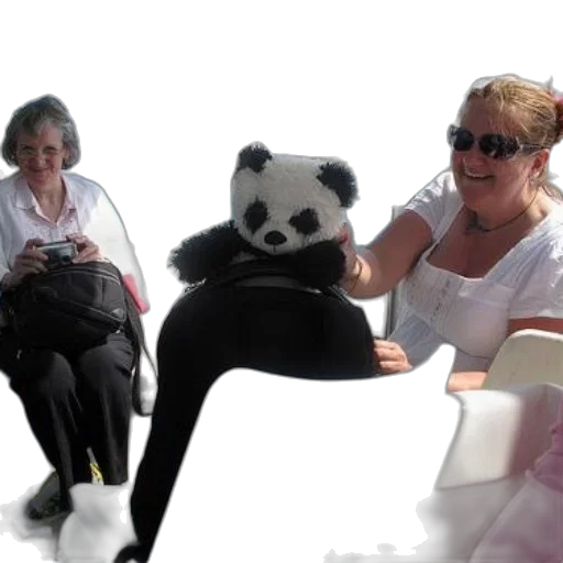 staff, two, women, boat, one, holding, stuffed, panda transparent PNG cut-out