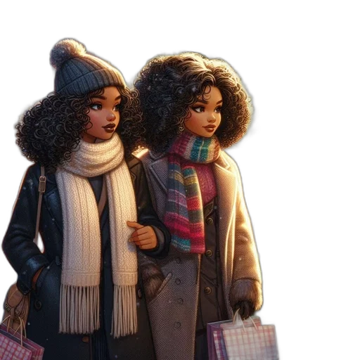 3d render, concept art, cartoon, photorealistic, snow, city street, two, women transparent PNG cut-out