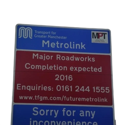sign, metrolink, manchester, england, information, about, major, roadworks transparent PNG cut-out