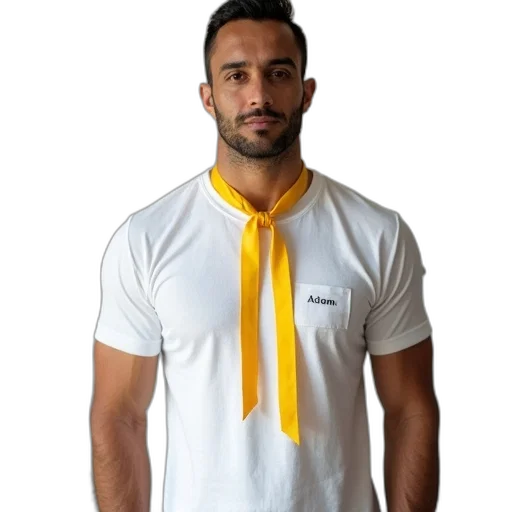 staff, jacket, man, wearing, white, t-shirt, yellow, ribbon transparent PNG cut-out