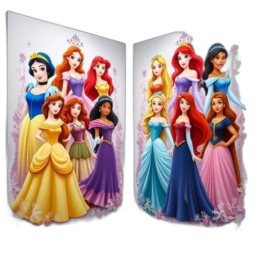3d render, concept art, two, disney, princess, posters, displayed, side transparent PNG cut-out