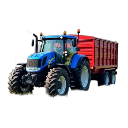 animal, photorealistic, 3d render, blue, tractor, red, trailer, attached transparent PNG cut-out