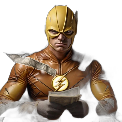 comic book art, concept art, photorealistic, fantasy art, superhero, figure, donning, orange-and-yellow transparent PNG cut-out