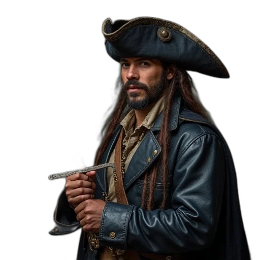 jacket, staff, hat, photorealistic, concept art, fantasy art, pirate, holding transparent PNG cut-out