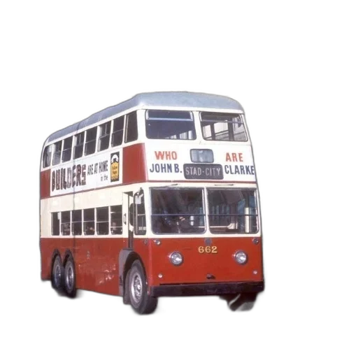 car, photorealistic, 3d render, red, double, decker, bus, words transparent PNG cut-out