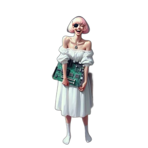 dress, robot, staff, jewelry, concept art, pixel art, 3d render, cyberpunk transparent PNG cut-out