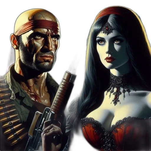comic book art, concept art, fantasy art, photorealistic, man, scarred, face, woman transparent PNG cut-out