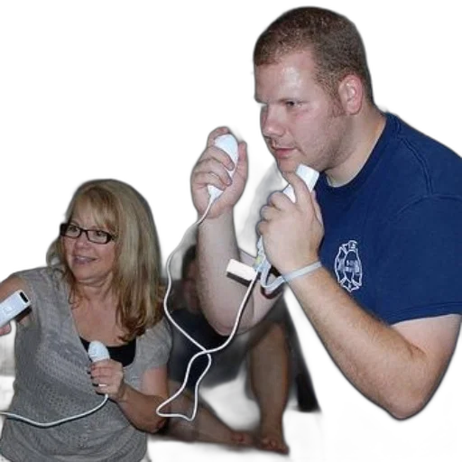 man, blue, shirt, woman, glasses, play, video, game transparent PNG cut-out