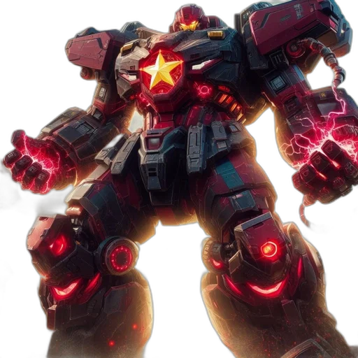 robot, weapon, concept art, 3d render, comic book art, massive, glowing-eyed, red transparent PNG cut-out