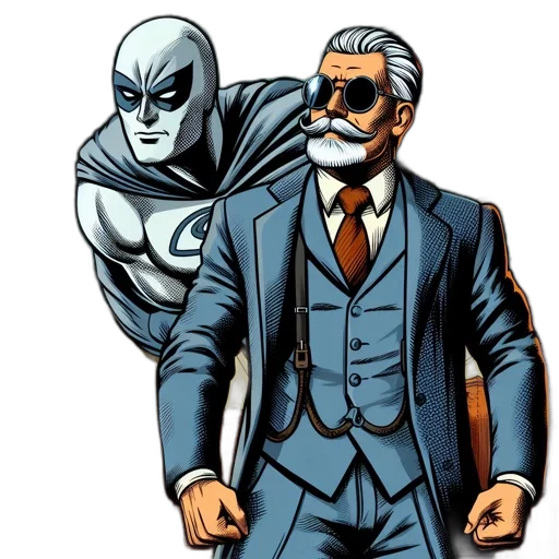 jacket, comic book art, concept art, cartoon, two, characters, flying, superhero transparent PNG cut-out