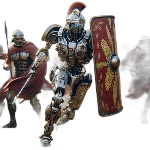 sword, concept art, fantasy art, 3d render, photorealistic, robotic, warrior, roman transparent PNG cut-out