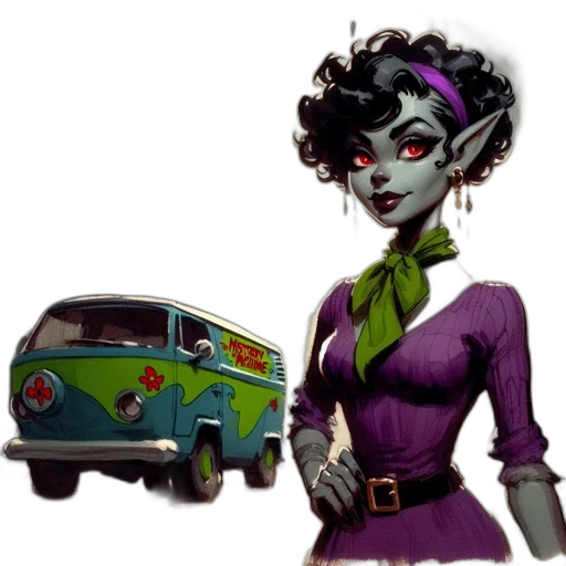 car, dress, concept art, comic book art, fantasy art, cartoon, city street, green transparent PNG cut-out