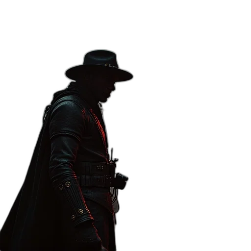 jacket, hat, weapon, sword, cyberpunk, concept art, comic book art, red transparent PNG cut-out