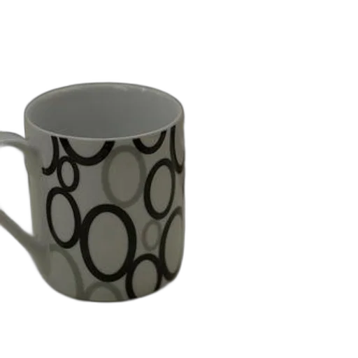3d render, photorealistic, monochrome, white, mug, black, circles, sits transparent PNG cut-out