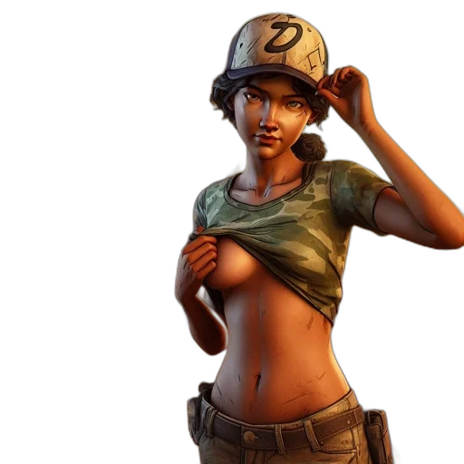 hat, concept art, 3d render, comic book art, fantasy art, earth tones, woman, camo transparent PNG cut-out