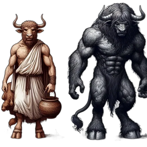 concept art, fantasy art, pixel art, comic book art, dark, monochrome, two, human-bull transparent PNG cut-out