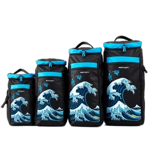 blue, set, five, water, sports, gear, bags, displayed transparent PNG cut-out