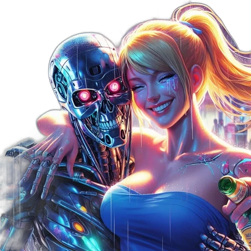 robot, comic book art, cyberpunk, concept art, vaporwave, neon lights, outer space, neon-lit transparent PNG cut-out