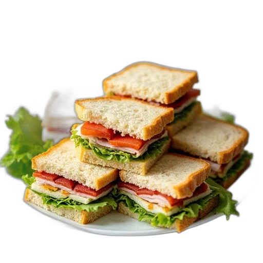 food, photorealistic, 3d render, variety, sandwiches, neatly, arranged, white transparent PNG cut-out